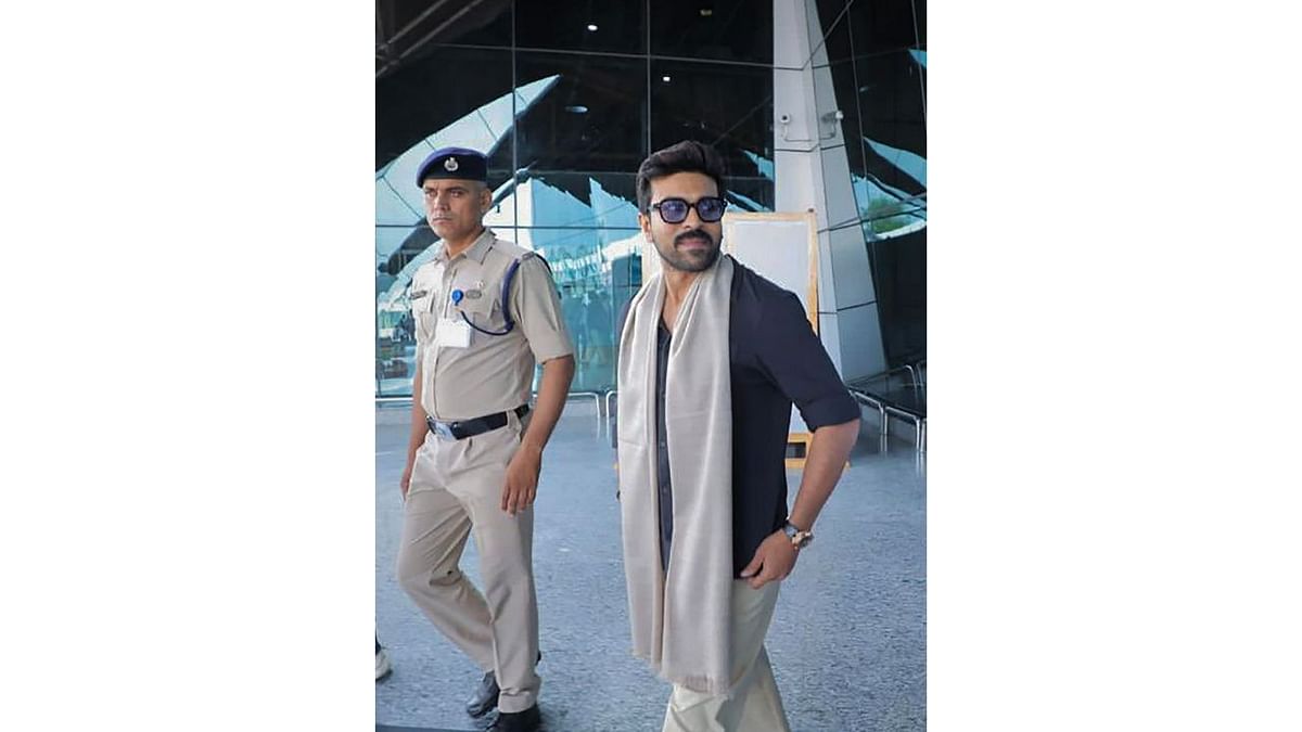 Ram Charan arrives to participate in the 'Film Tourism for Economic Growth and Cultural Preservation' event on the sidelines of the 3rd G20 Tourism Working Group meeting in Srinagar. Credit: Twitter/@diprjk