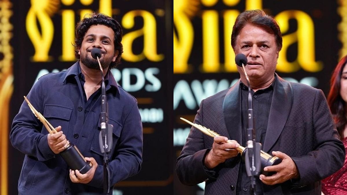 Aamil Keeyan Khan was accompanied by Kumar Mangat Pathak (Abhishek Pathak's father) to receive the IIFA trophy for the category best story - adapted for 'Drishyam 2'. Credit: IIFA