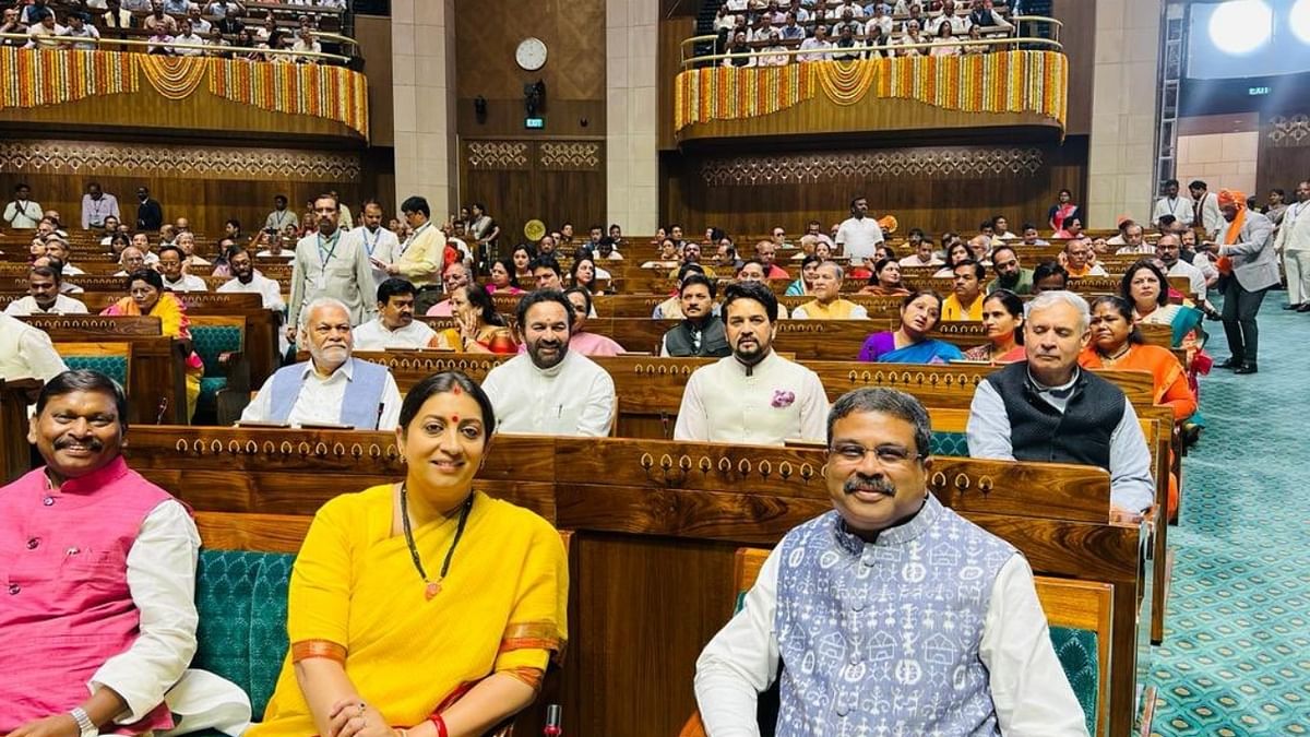Union Ministers Dharmendra Pradhan, Smriti Irani and other dignitaries during the inauguration ceremony of the New Parliament building, in New Delhi. Credit: IANS Photo