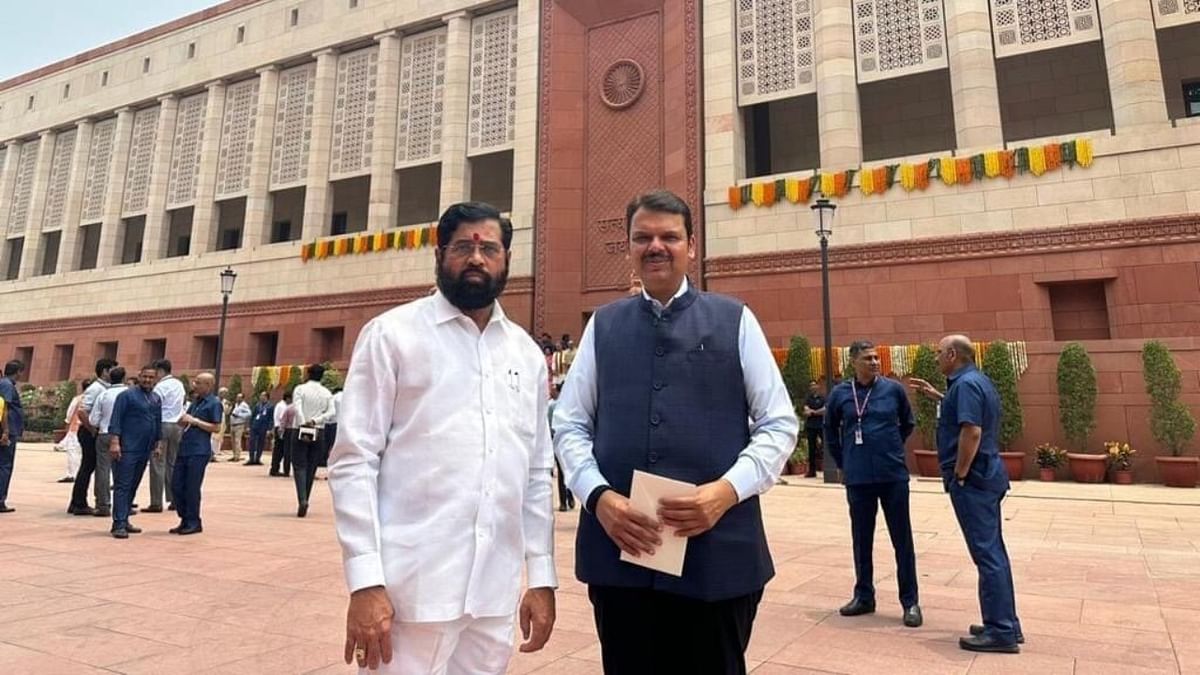 Maharashtra CM Eknath Shinde along with Deputy CM Devendra Fadnavis during the inauguration of the new Parliament building, in New Delhi. Credit: IANS Photo