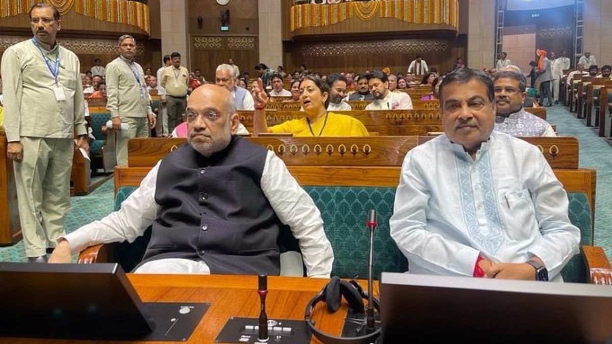 Union Ministers Amit Shah and Nitin Gadkari at the new Parliament building, in New Delhi. Credit: PTI Photo