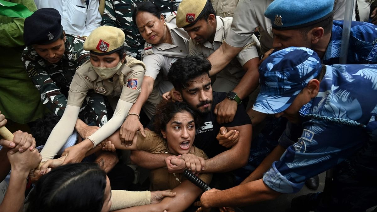 The champion wrestlers, who had resumed their agitation against Wrestling Federation of India (WFI) chief Brij Bhushan Sharan Singh on April 23 demanding his arrest for alleged sexual harassment of several women grapplers, had called for a women's 'Mahapanchayat' for which they did not have permission. Credit: IANS Photo