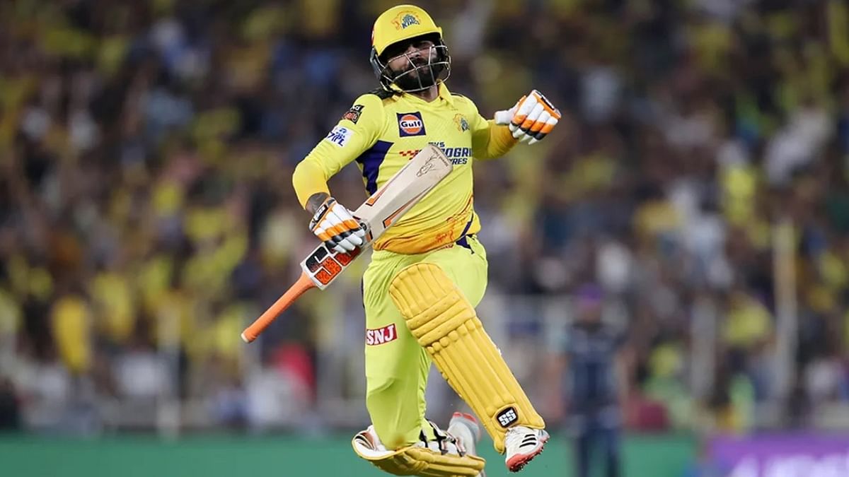 Ravindra Jadeja celebrates after their win in the IPL 2023 final match between Gujarat Titans and Chennai Super Kings at the Narendra Modi Stadium in Ahmedabad. Credit: PTI Photo