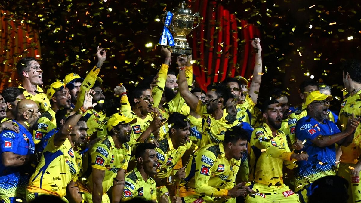 Neither the juggernaut of the Gujarat Titans nor bad weather for two days could stop Dhoni's men from drawing level with their arch-rivals Mumbai Indians, in terms of most IPL trophy wins. Credit: AFP Photo