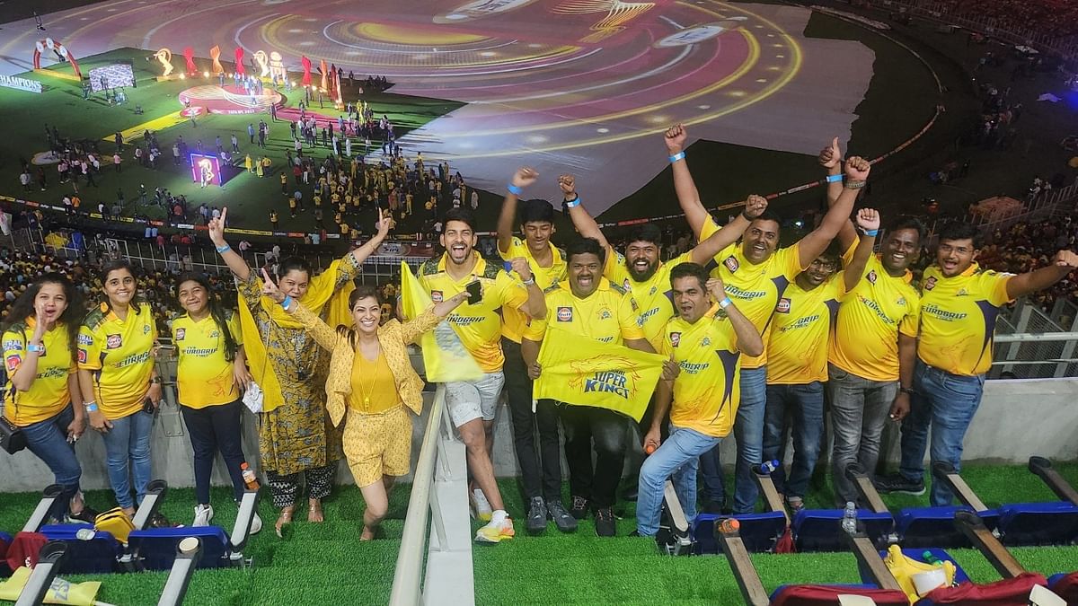 Actress Varalaxmi Sarathkumar cheers from the stands after witnessing CSK's heroic win against GT in the IPL 2023 final. Credit: Twitter/ @varusarath5