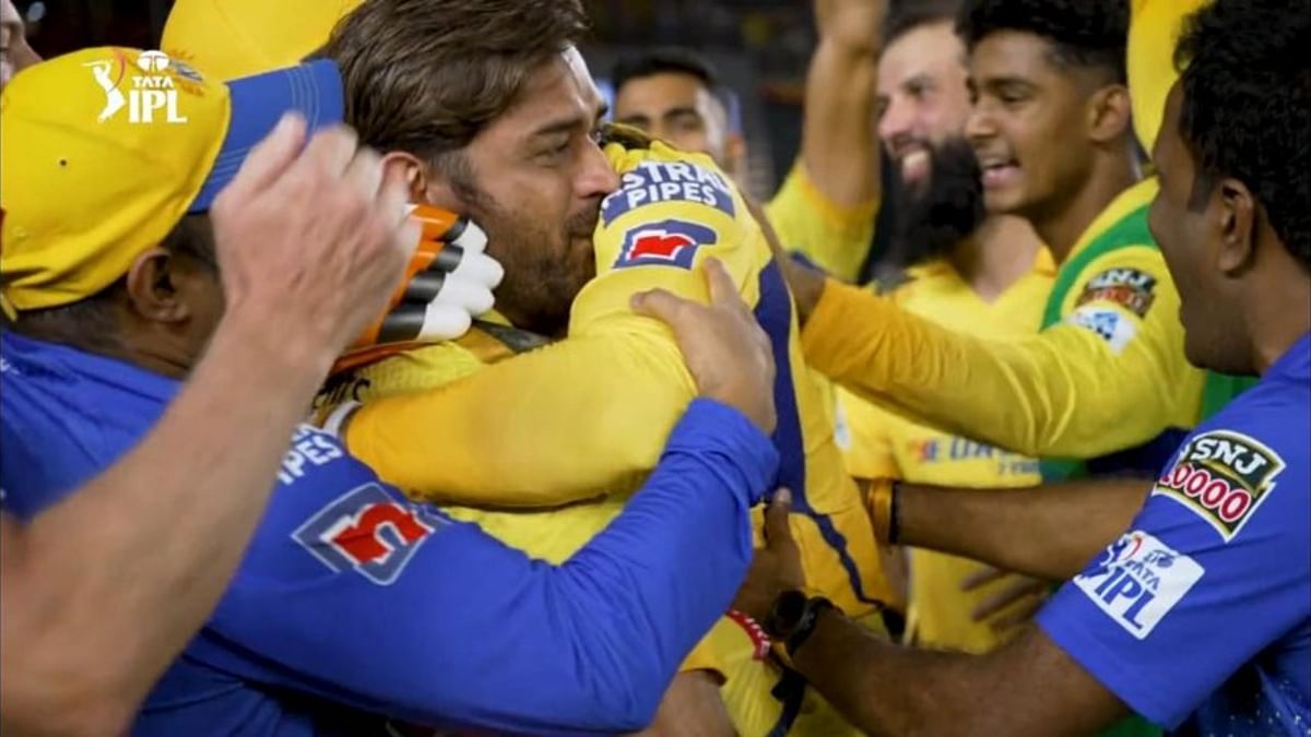 CSK captain M S Dhoni got teary-eyed while hugging Ravindra Jadeja after winning the IPL 2023 final against GT, with this picture going viral all over the internet. Credit: Special Arrangement