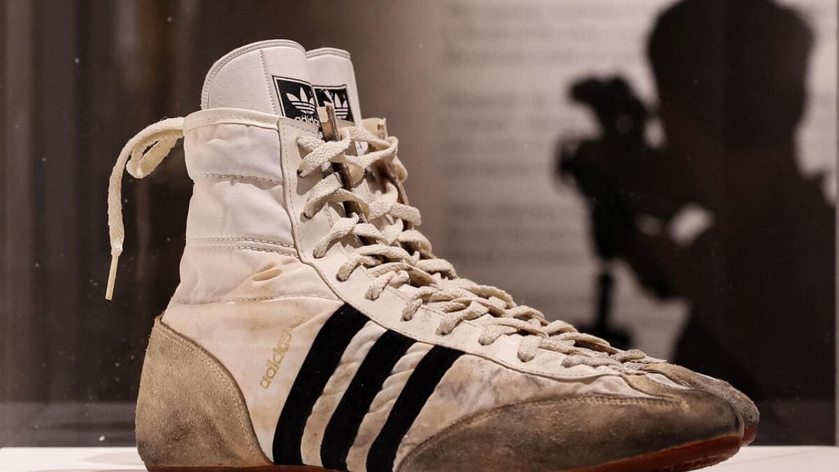 Adidas high top sneakers worn by Freddie Mercury are displayed as part of the 'Freddie Mercury: A World of His Own' press preview in New York, U.S., June 1, 2023. Credit: Reuters Photo