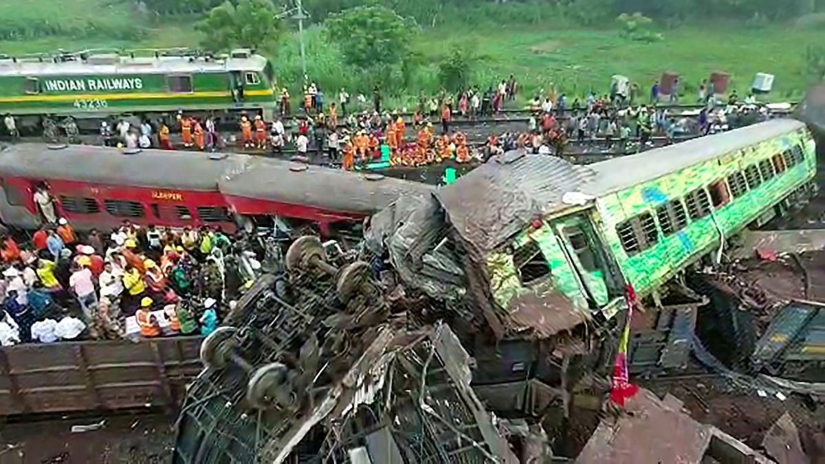 The damaged carriages at the accident site near Balasore in Bhubaneswar. Credit: PTI Photo