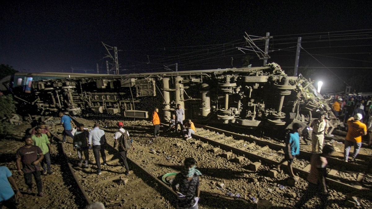 The damaged carriages at the accident site near Balasore in Odisha. Credit: PTI Photo