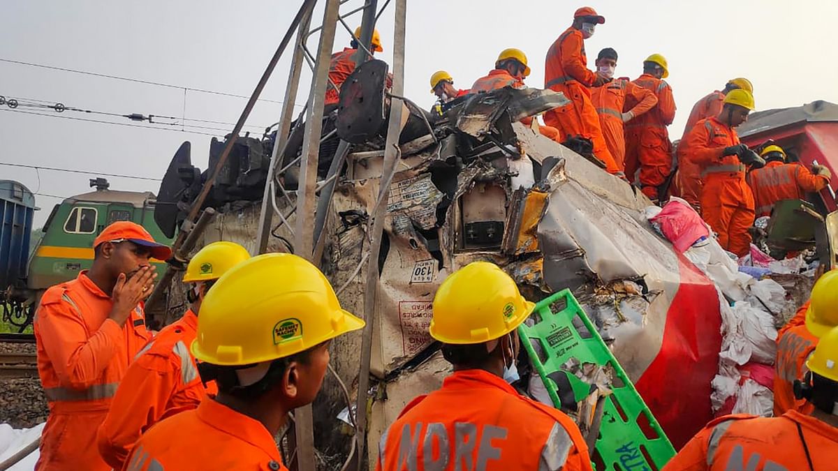 Nearly 18 hours after the massive train tragedy in Odisha's Balasore district, restoration work has begun at the accident site. Credit: PTI Photo