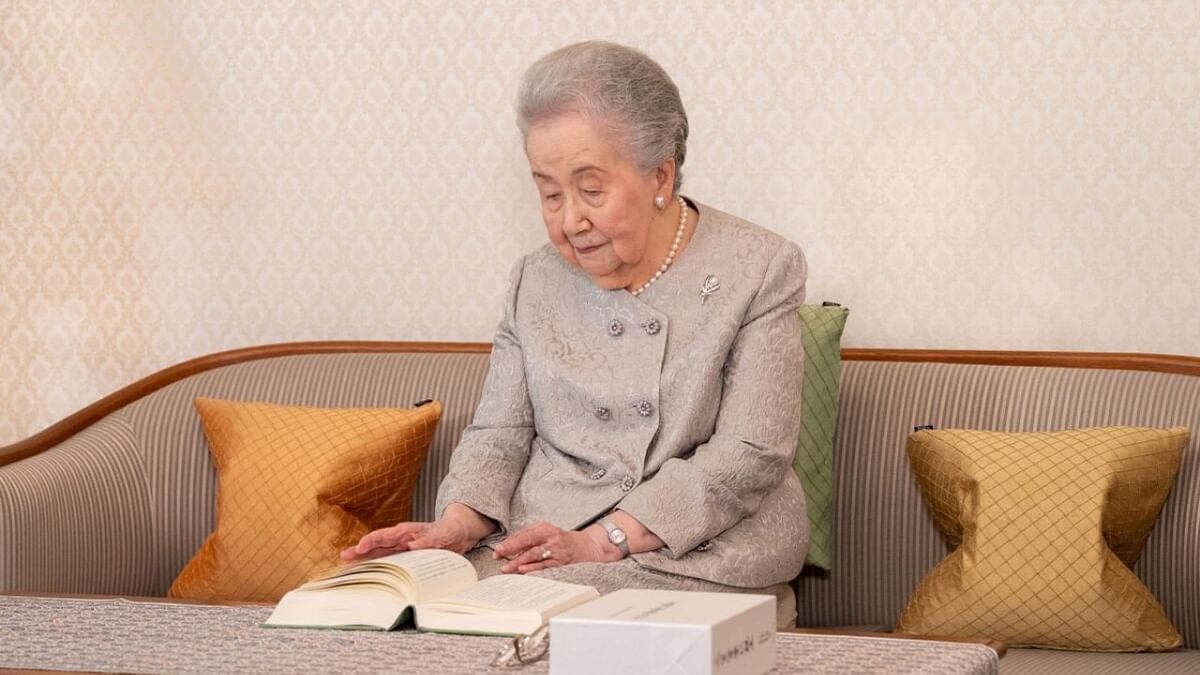 Japan's Princess Yuriko, the wife of the late Prince Mikasa who died in 2016, and who marks her 100th birthday on June 4, poses at her palace residence reception room in Tokyo, Japan May 22, 2023 in this handout photo released by the Imperial Household Agency of Japan on June 4, 2023. Credit: Reuters Photo