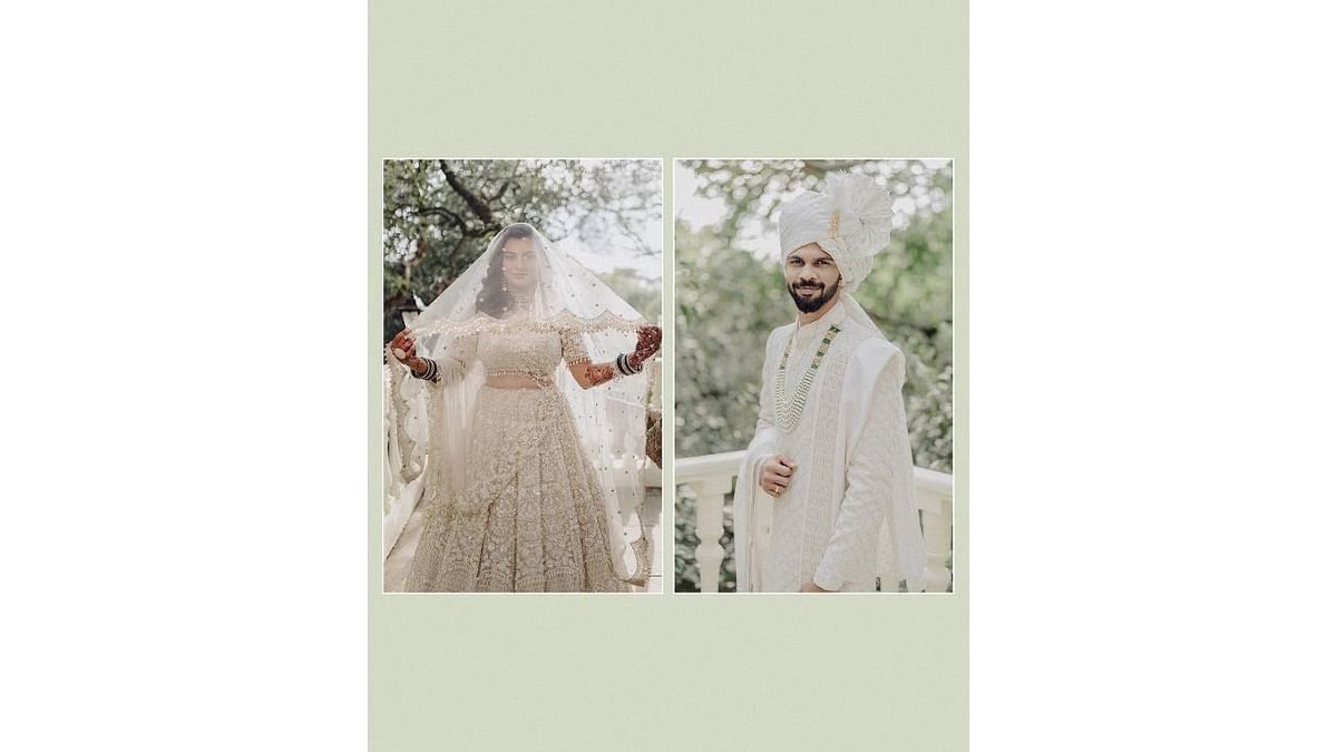 The bride looked resplendent in a beige lehenga, while the groom complimented her look in a beige sherwani. Credit: Instagram/@ruutu.131