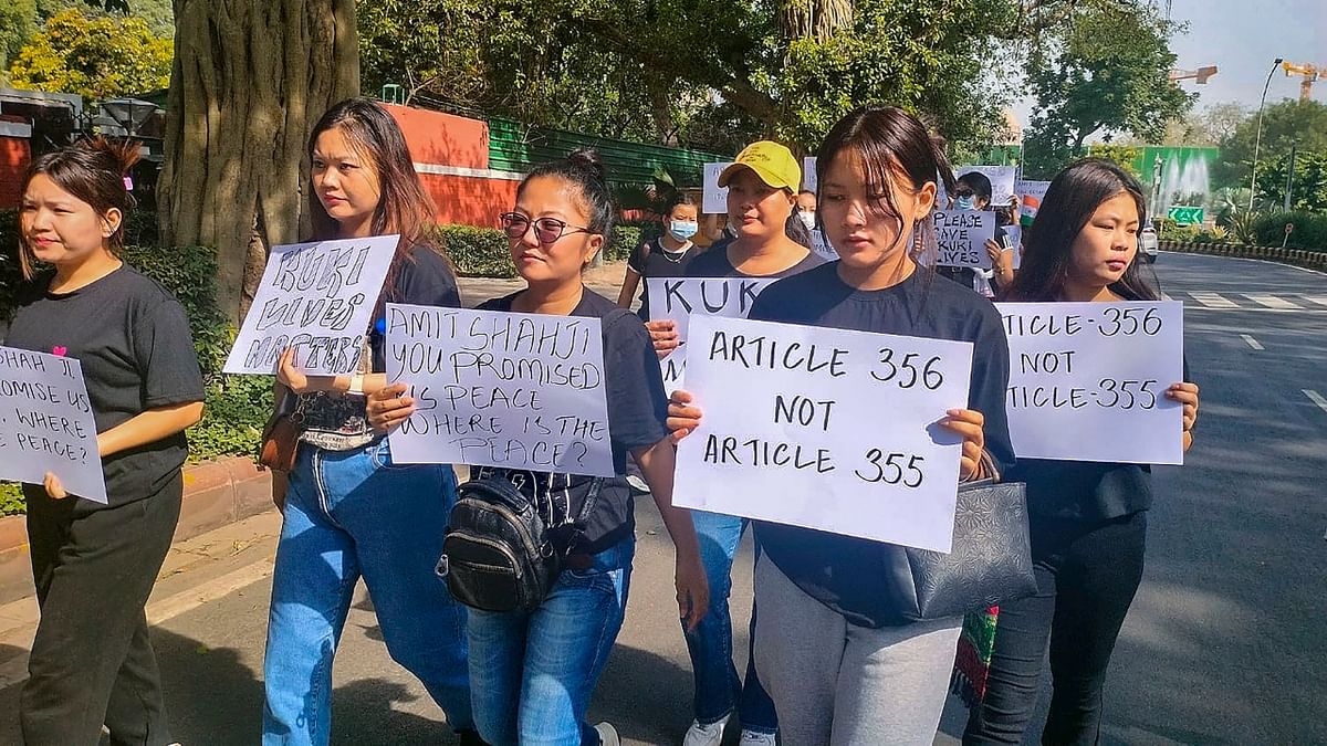 The protesters reached the Home Minister's residence in the morning, carrying posters that read, 'Kuki lives matter' and with the demand to meet him. Credit: PTI Photo