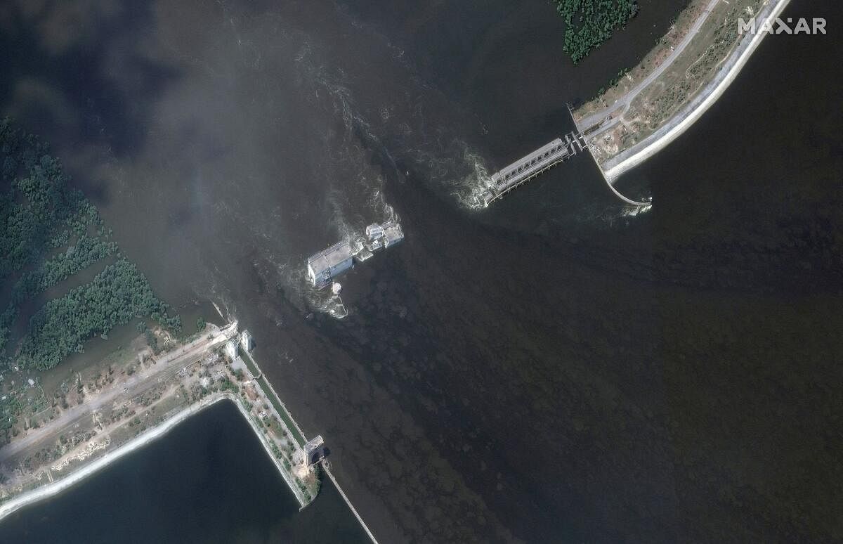 A satellite image shows the Nova Kakhovka Dam and hydroelectric plant after its collapse. Credit: Reuters Photo