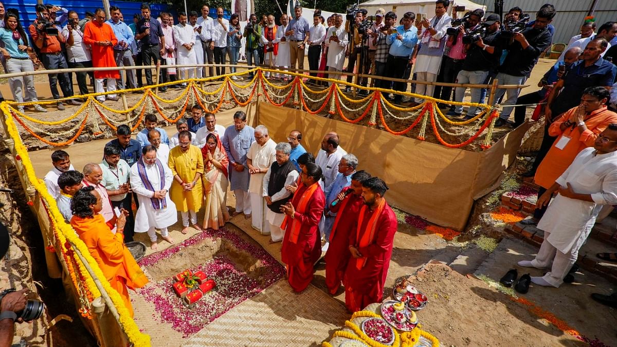 Party leaders, including Nadda, organisation general secretary BL Santhosh and Delhi BJP president Virendra Sachdeva, performed an elaborate 'bhoomi poojan' prior to laying the foundation stone of the building. Credit: PTI Photo