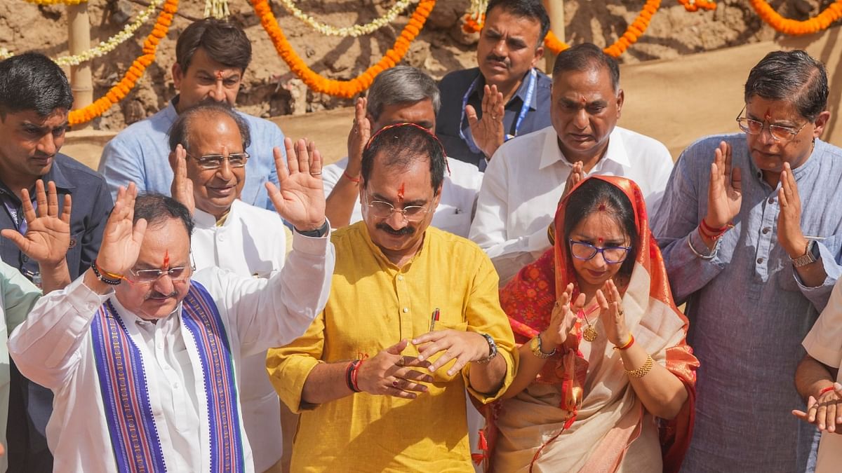 BJP National President JP Nadda with Delhi BJP chief Virendra Sachdeva and other leaders during the foundation stone laying ceremony of the Delhi BJP office, in New Delhi. Credit: PTI Photo