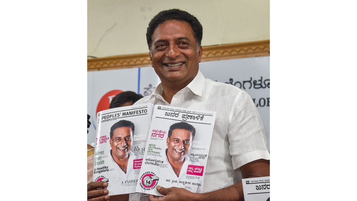 Prakash Raj: Prakash Raj, a renowned actor in South Indian cinema, became actively involved in politics in 2017 after Gauri Lankesh's assassination. In 2019, he announced his decision to contest the Lok Sabha elections as an independent candidate from the Bengaluru Central Lok Sabha constituency. Credit: SK Dinesh/DH Photo