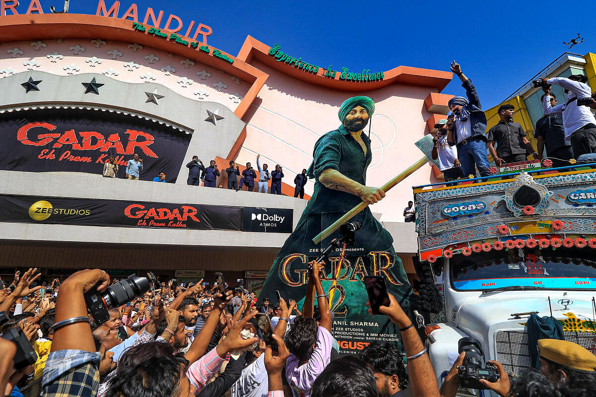Sunny Deol during the screening of re-released 'Gadar' movie at Raj Mandir Cinema, in Jaipur. Credit: PTI Photo