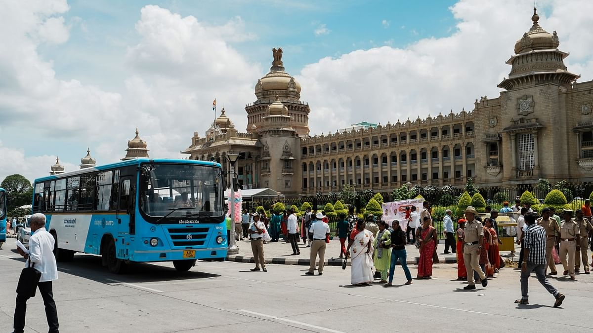 The scheme began by providing free rides for women and girl students of the state in government buses from the grand steps of Vidhana Soudha. Credit: PTI Photo