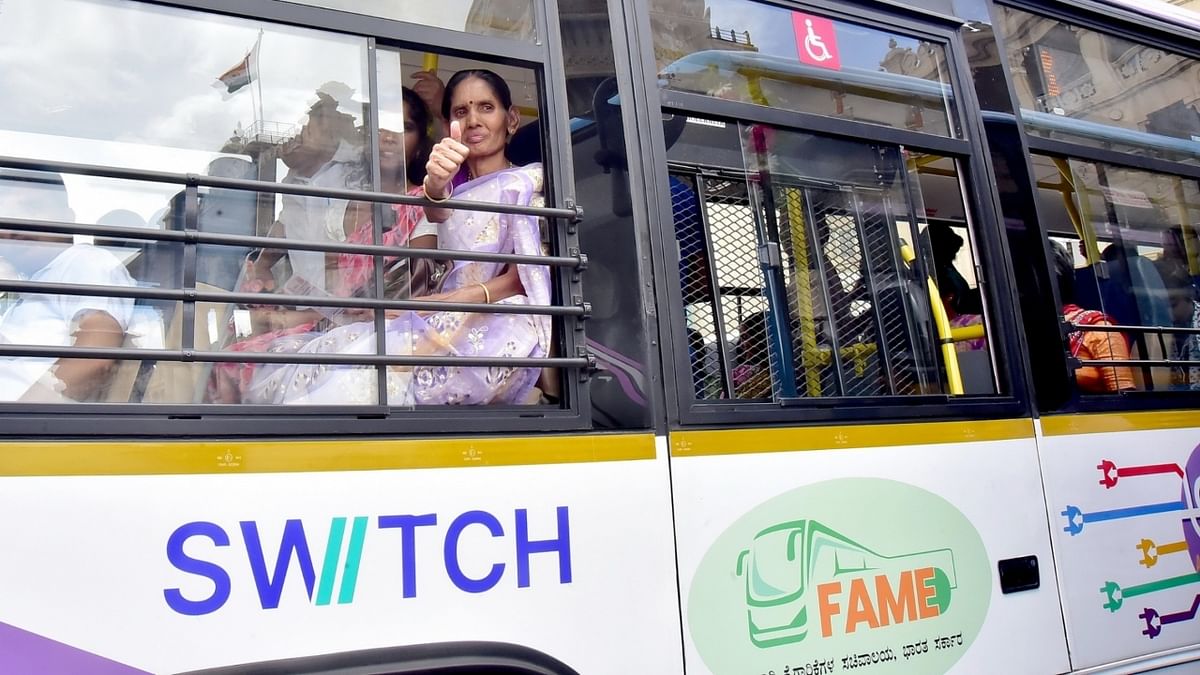 Women in Karnataka started travelling for free in government buses in the state from Sunday (June 11) with the rollout of the first of the five poll guarantees of the ruling Congress -- the 'Shakti' scheme. Credit: IANS Photo