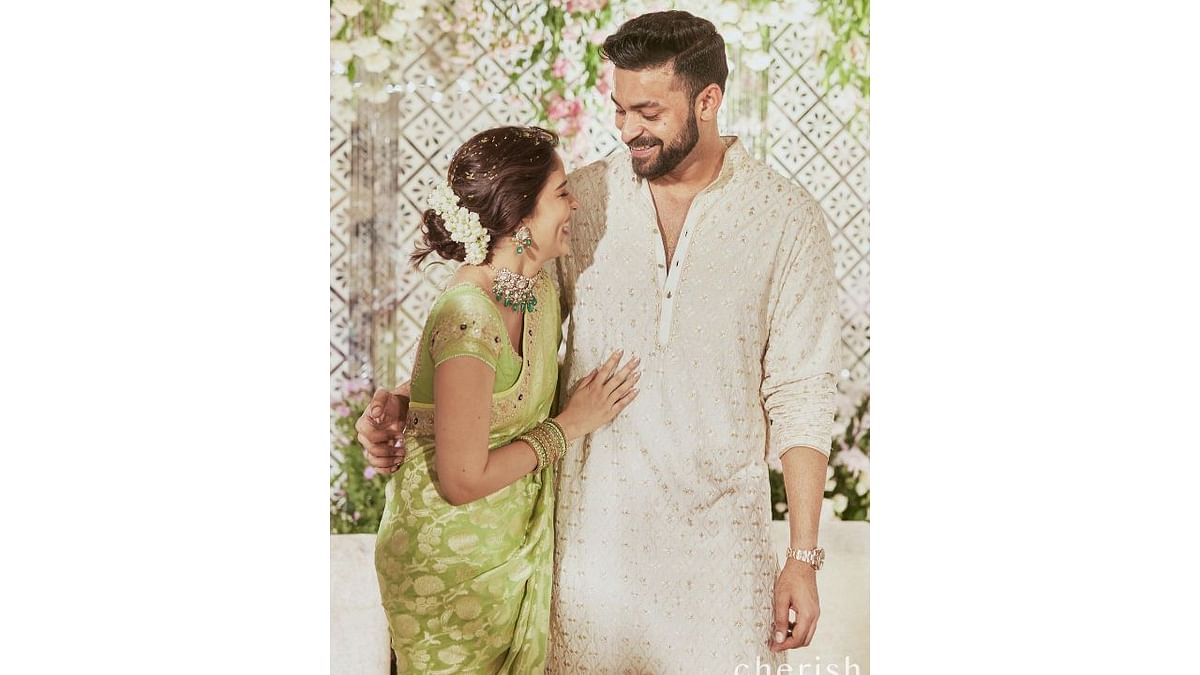 Varun Tej chose a Tarun Tahiliani outfit and Lavanya looked beautiful in  Anita Dongre outfit. Credit: Instagram/@varunkonidela7