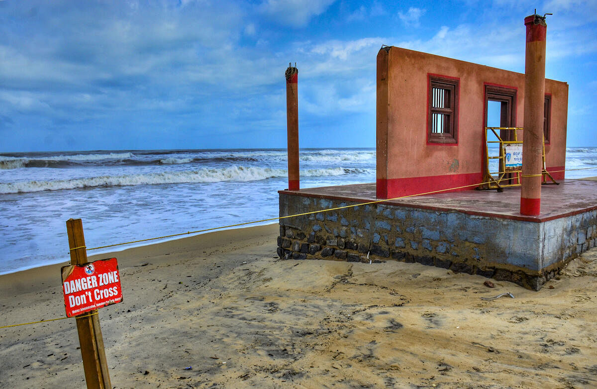 High tides crash at the Panambur Beach ahead of Cyclone Biparjoy’s landfall, in Mangaluru. Credit: PTI Photo