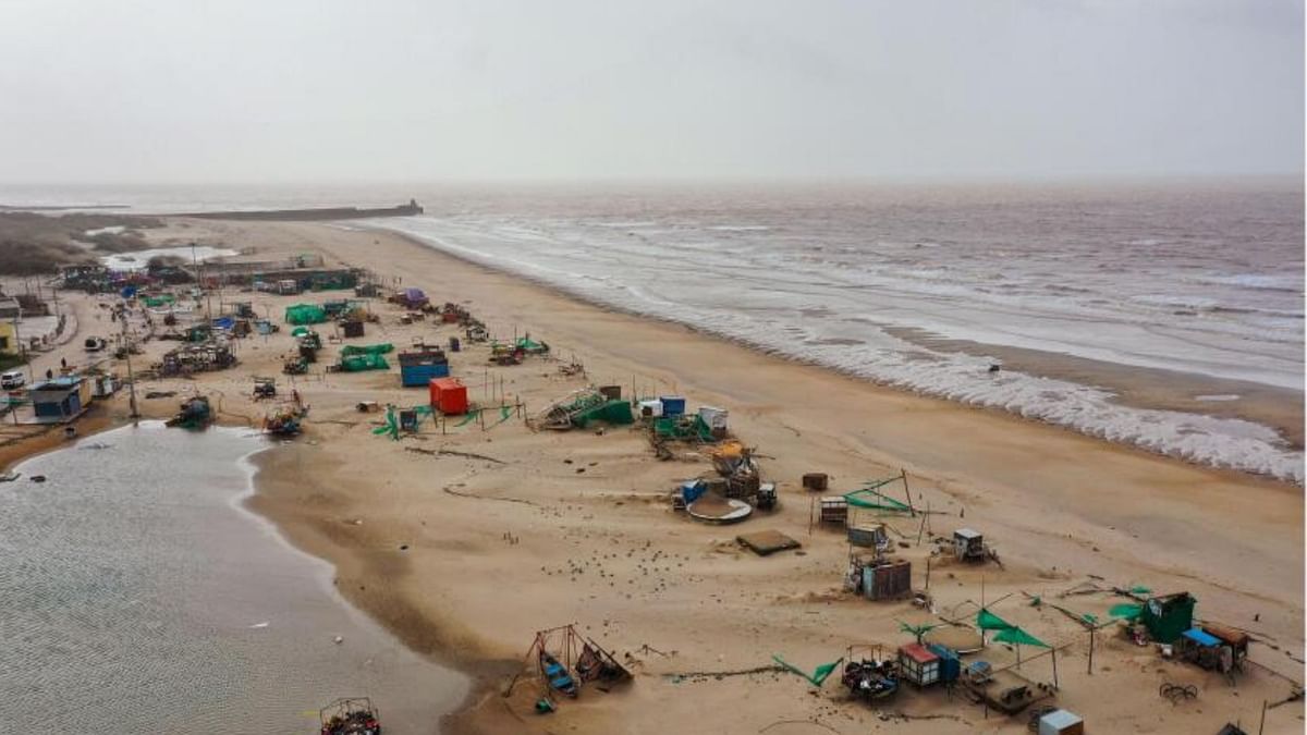 Damaged temporary structures at a beach, in the aftermath of Cyclone Biparjoy, in Mandvi, Saturday, June 17, 2023. Credit: PTI Photo