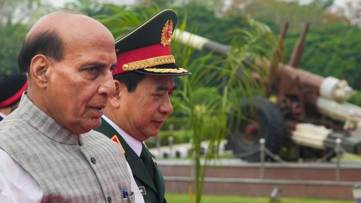 Defence Minister Rajnath Singh with Defence Minister of Vietnam General Phan Van Giang prior to their meeting at Manekshaw Centre, in New Delhi, Monday, June 19, 2023. Credit: PTI Photo