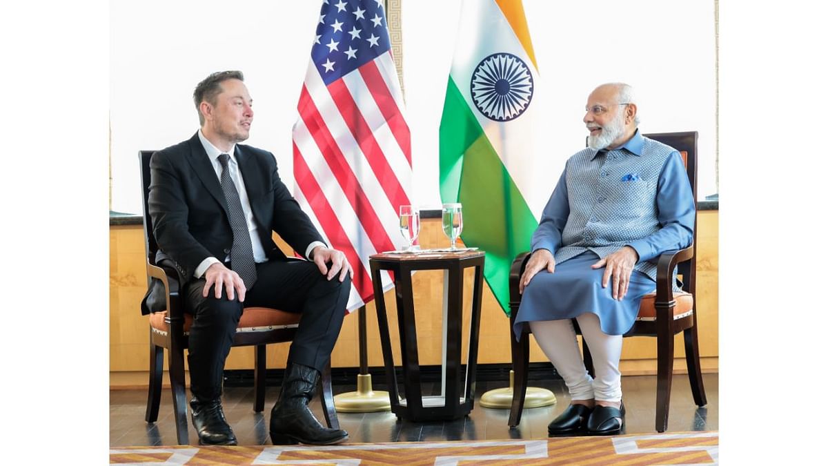 Prime Minister Narendra Modi with Tesla CEO and Twitter owner Elon Musk. Credit: Twitter/@narendramodi