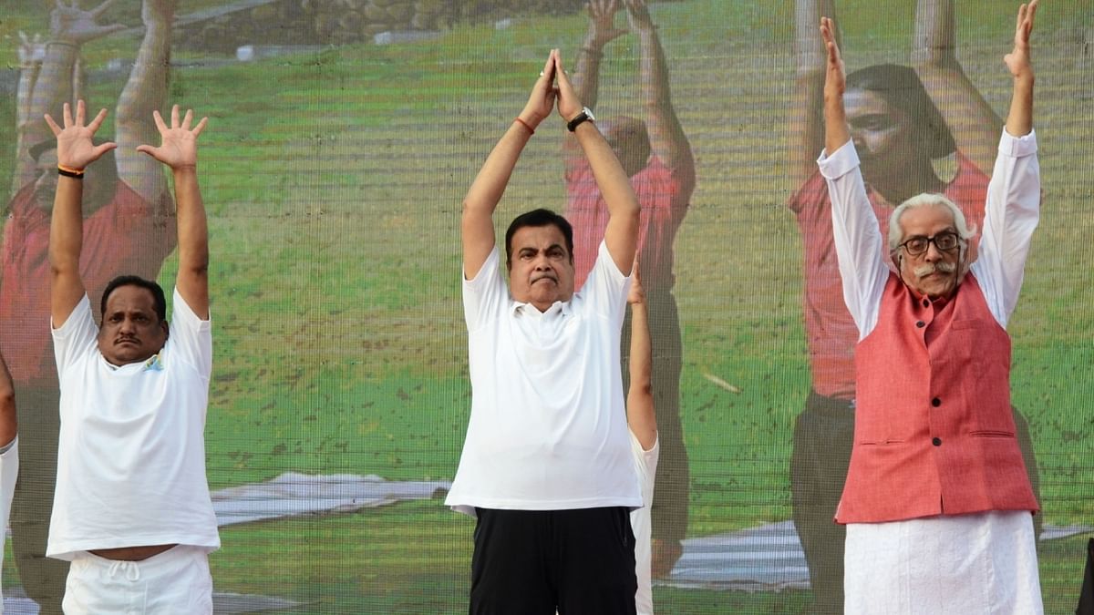 Union Minister Nitin Gadkari performs yoga during a session on the 'International Day of Yoga' in Nagpur. Credit: IANS Photo