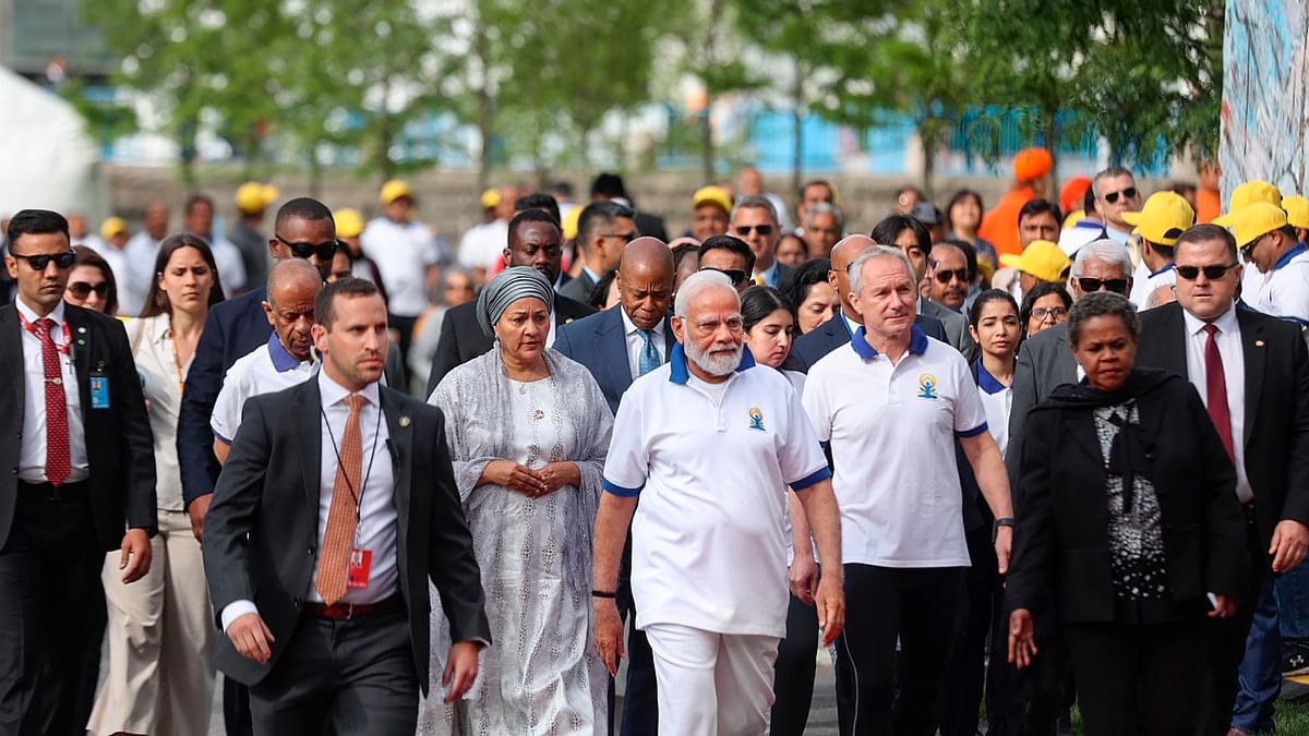 Prime Minister Narendra Modi along with other dignitaries arrives to participate in the 9th International Day of Yoga celebrations at the UN headquarters, in New York. Credit: PTI Photo