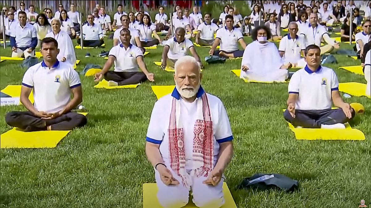 Indian Prime Minister Narendra Modi attends International Day of Yoga at United Nations in New York. Credit: PTI Photo