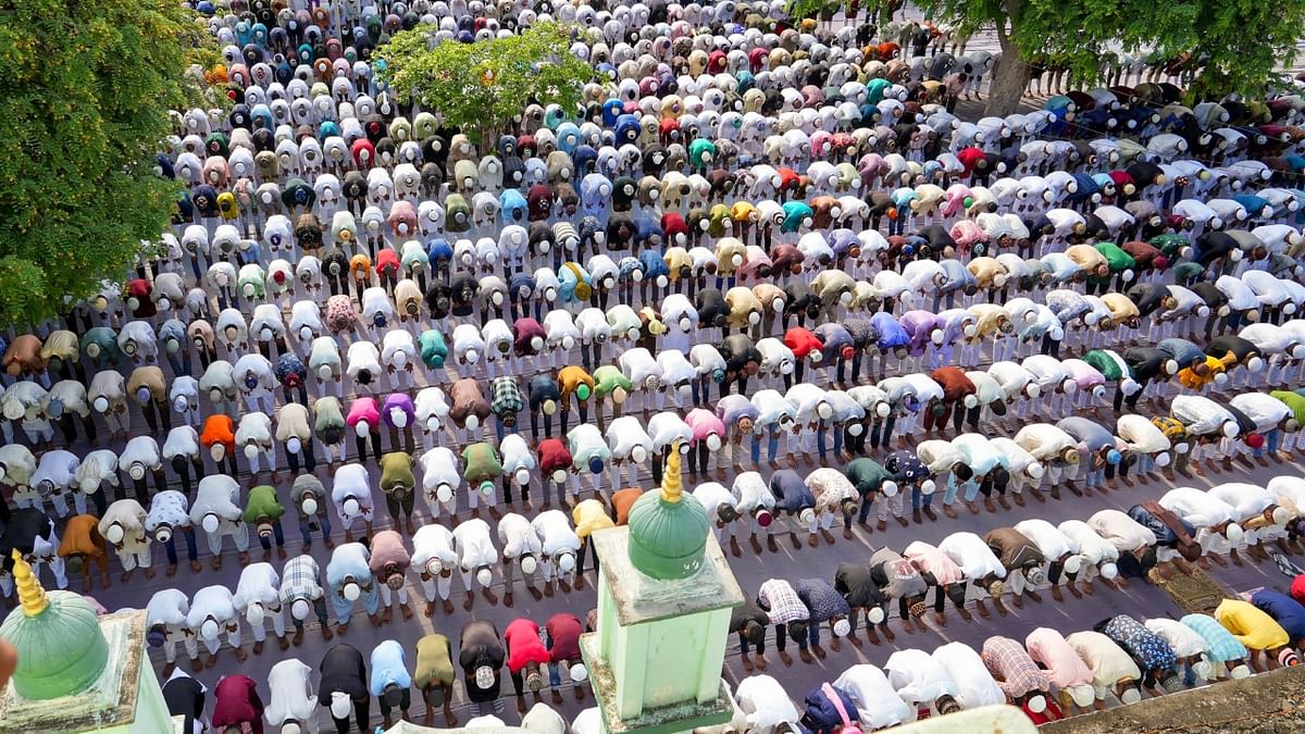 Muslims offer 'namaz' on the occasion of Eid al-Adha festival at the Idgah in Beawar. Credit: PTI Photo