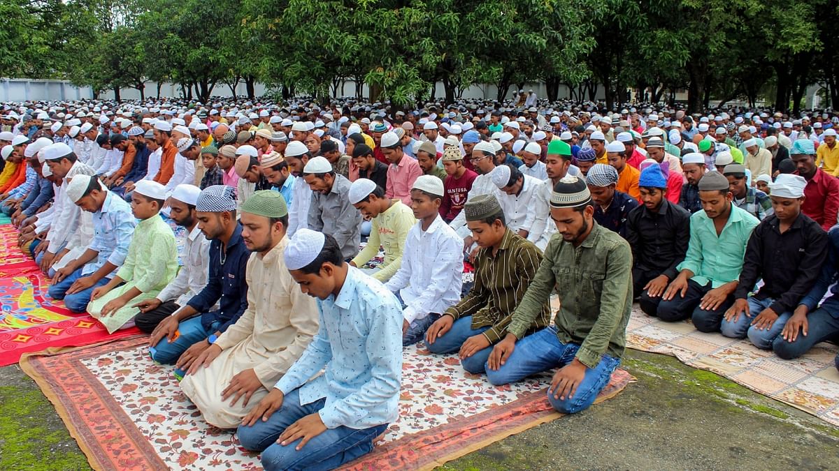 'Namaz' being offered on the occasion of Eid al-Adha festival at Idgah Chakrata Road in Dehradun. Credit: PTI Photo