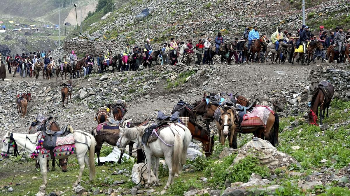 The 62-day pilgrimage was flagged off by Deputy Commissioner, Ganderbal, Shyambir, along with senior officials of the Shri Amarnath Ji Shrine Board and the police, at the Baltal base camp. Credit: PTI Photo