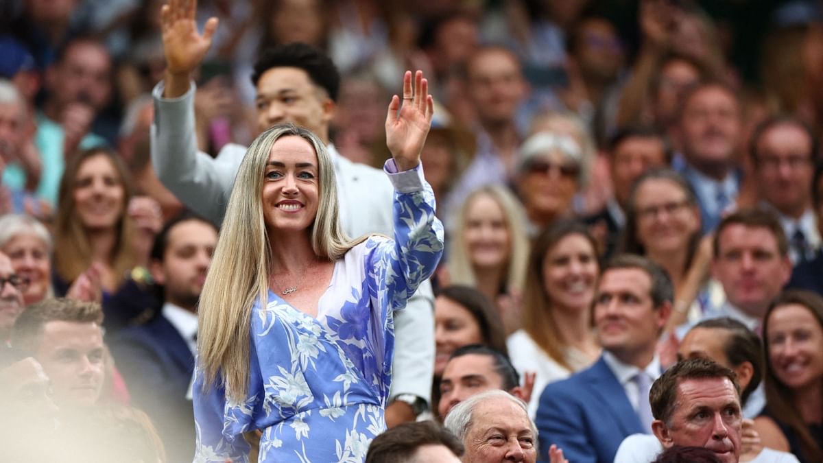 Long distance runner Eilish McColgan greets those in attendance at the 2023 Wimbledon Championships. Credit: Reuters Photo
