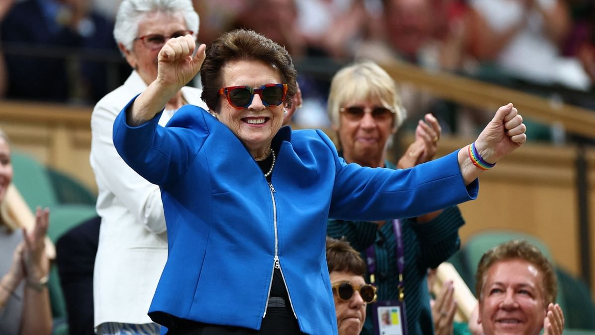 Former tennis player Billie Jean King reacts to the crowd from the royal box on centre court before the start of play on the seventh day of the 2023 Wimbledon Championships at the All England Lawn Tennis & Croquet Club in Wimbledon, London. Credit: Reuters Photo