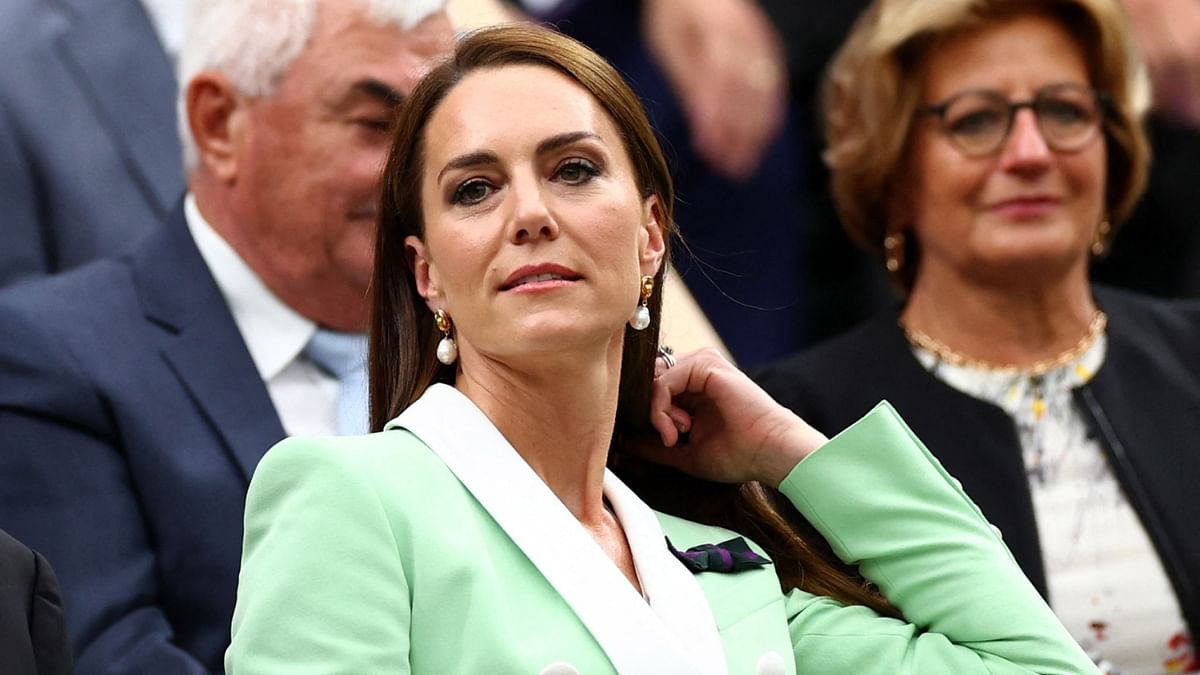 Catherine, Princess of Wales sits in the royal box on centre court ahead of a presentation to honour eight-time Wimbledon champion Roger Federer at the 2023 Wimbledon Championships at the All England Lawn Tennis & Croquet Club in Wimbledon, London. Credit: Reuters Photo