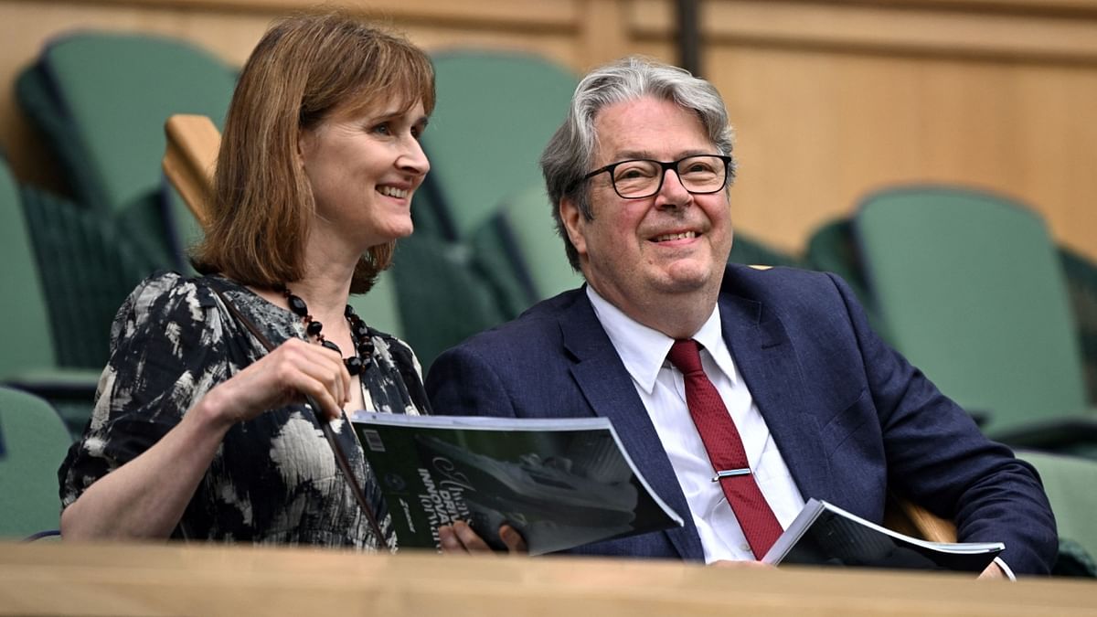 Actor Roger Allam and his wife Rebecca are seen enjoying a game on the seventh day of the 2023 Wimbledon Championships. Credit: Reuters Photo