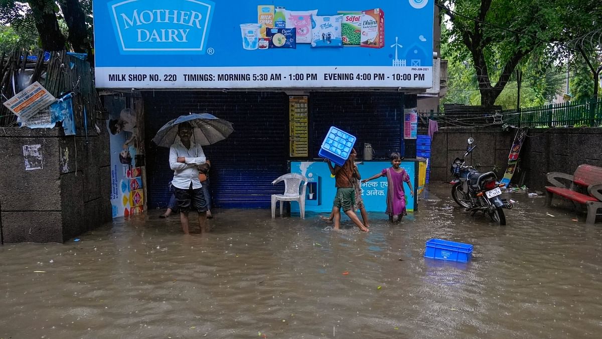Waterlogging at Laxmi Bai Nagar area after monsoon rain, in New Delhi. Credit: PTI Photo