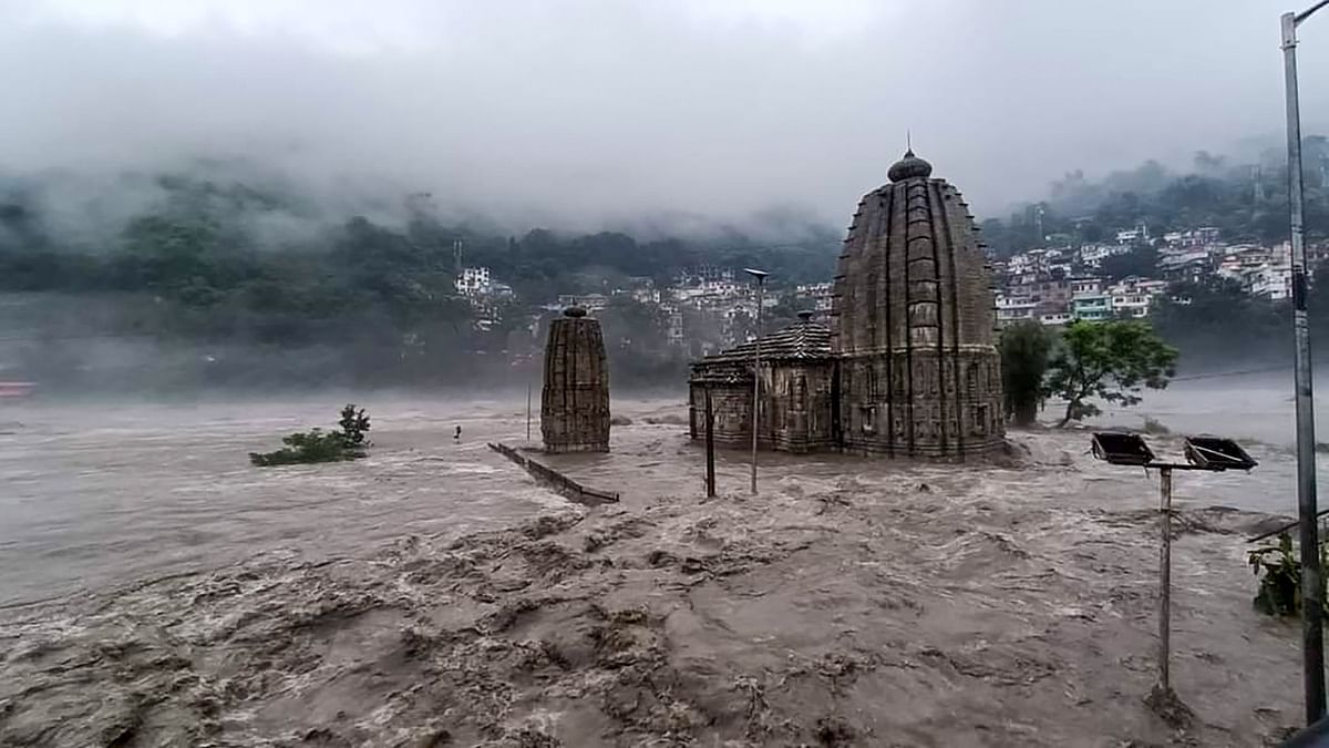 Beas river in spate following heavy monsoon rains, in Mandi, Himachal Pradesh. Credit: PTI Photo