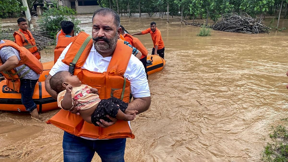 Jalandhar MP Sushil Rinku holds a baby during a rescue operation at the flood-affected areas following heavy monsoon rains. Credit: Twitter/@Sushilrinku_13