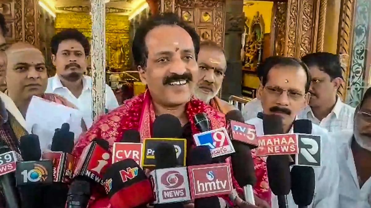 ISRO Chairman S Somnath speaks with the media after offering prayers at a temple ahead of ISRO's Chandrayaan-3 mission, in Tirupati on July 13. Credit: PTI Photo