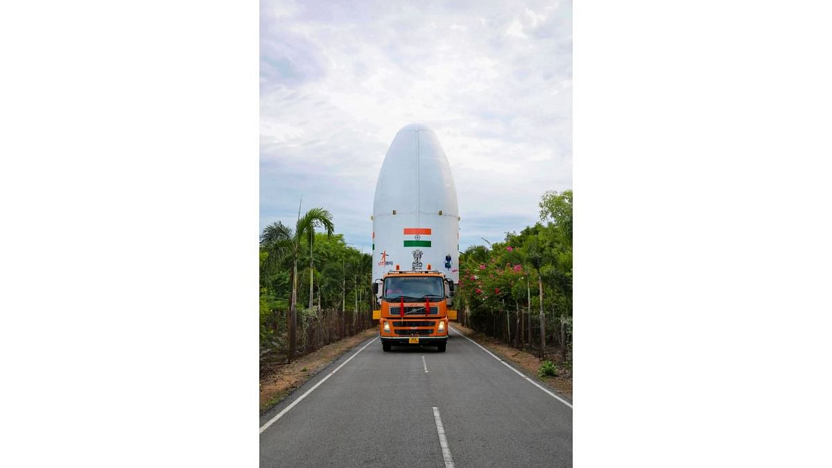 The Launch Vehicle Mark-III (LVM3) M4 with Chandrayaan-3 being shifted to the launch pad at Satish Dhawan Space Centre in Sriharikota. Credit: PTI Photo
