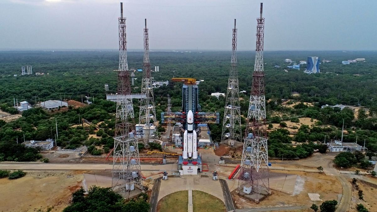 The Launch Vehicle Mark-III (LVM3) M4 vehicle with Chandrayaan-3 at the launch pad at Satish Dhawan Space Centre in Sriharikota. Credit: PTI Photo