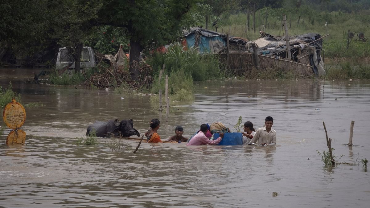 Residents carry their belongings and livestock through a field flooded with water from river Yamuna after heavy monsoon rains in New Delhi. Credit: Reuters Photo