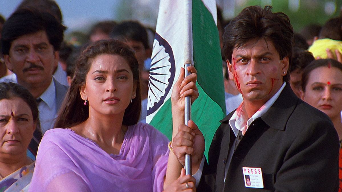 Shah Rukh Khan and Juhi Chawla: SRK and Juhi played Ajay Bakshi and Ria Banerji in 'Phir Bhi Dil Hai Hindustani'. They start off as rival TV reporters and later team up to help a man seek justice for his daughter who was raped by a politician. Credit: Special Arrangement