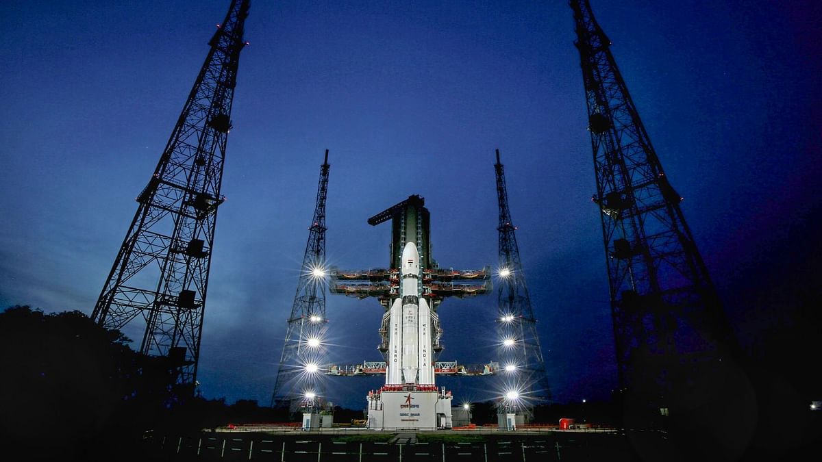 The Launch Vehicle Mark-III (LVM3) M4 vehicle with Chandrayaan-3 at the launch pad at Satish Dhawan Space Centre after the conclusion of a simulation of the entire launch preparation and process, in Sriharikota. Credit: PTI Photo