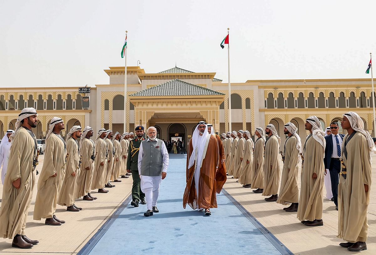 Prime Minister Narendra Modi being seen off by Crown Prince of Abu Dhabi Sheikh Khaled bin Mohamed bin Zayed Al Nahyan as he concludes his visit to UAE. Credit: PTI Photo