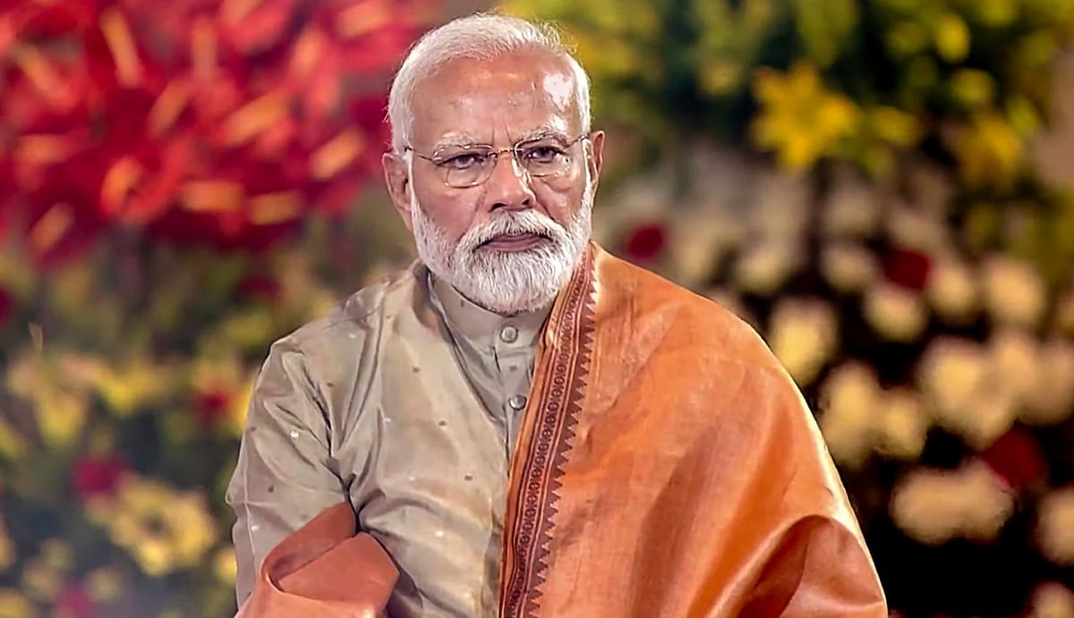 Modi was dressed in a traditional attire for the puja ceremony. Credit: PTI Photo